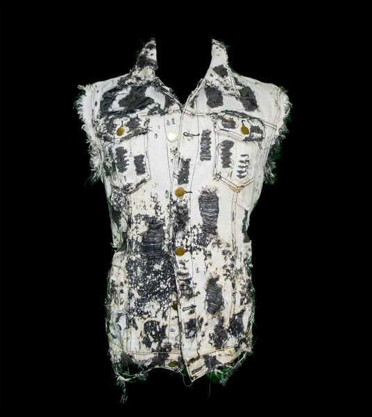 Distressed Black Denim Skull Patch Vest