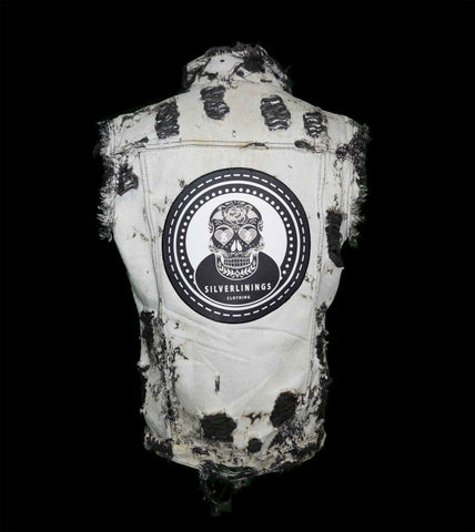 Distressed Black Denim Skull Patch Vest