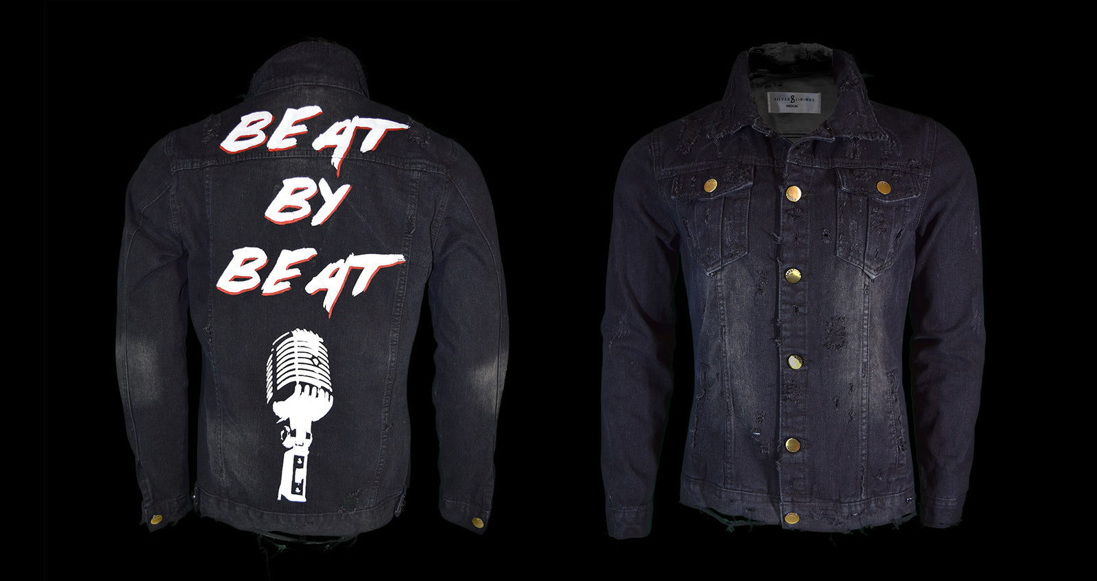 Custom black denim jacket with hand painted design. Custom jean jacket.